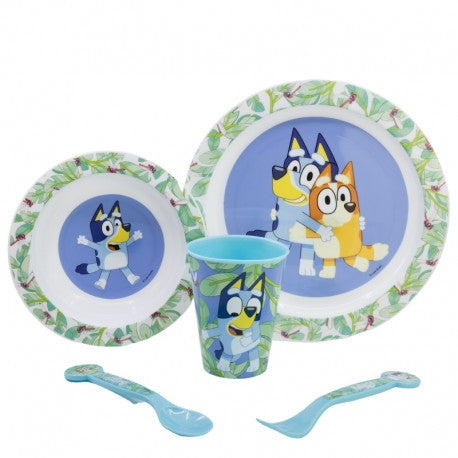 Bluey 5 részes mikrózható étkészlet (lapos tányér|mély tányér|villa|kanál|pohár)