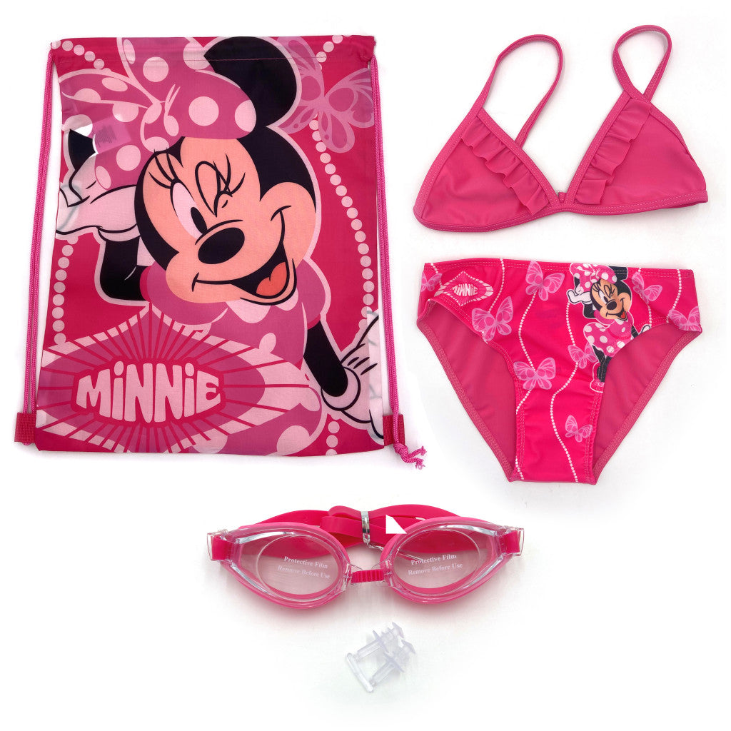 Disney Minnie Egér 3 részes strand szett (tornazsák+úszószemüveg+bikini fürdőruha szett)
